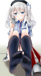 10s 1girl bad_id bad_pixiv_id black_socks blue_eyes blush breasts cellphone employee_uniform feet foot_focus hat highres hole_in_sock kantai_collection kashima_(kancolle) large_breasts lawson long_hair oouso open_mouth phone shirt shoes unworn_shoes silver_hair sitting skirt smartphone socks solo striped twintails uniform rating:Sensitive score:16 user:danbooru