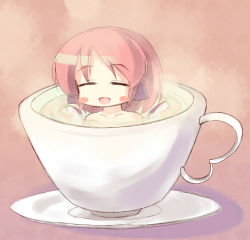  1girl animal_ears blush_stickers boxinhev chibi closed_eyes cup female_focus happy in_container in_cup mini_person minigirl mystia_lorelei nude open_mouth pink_hair short_hair simple_background solo touhou wings 