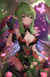  1girl black_dress black_gloves blush breasts bug butterfly cleavage closed_mouth commentary_request dress ell_0314 fairy_wings fake_wings fire_emblem fire_emblem_awakening fire_emblem_heroes flower gloves green_eyes green_hair highres insect long_hair looking_at_viewer nintendo official_alternate_costume petals pink_butterfly plant pointy_ears ponytail red_flower red_rose rose sidelocks smile solo thorns tiki_(adult)_(fire_emblem) tiki_(adult)_(resplendent)_(fire_emblem) tiki_(fire_emblem) vines wings 