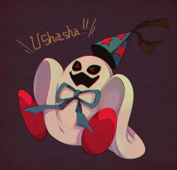  &gt;_&lt; 1boy :d black_background blue_hat blue_ribbon chromatic_aberration doopliss ghost hat highres laughing mario_(series) nintendo omochiutyu open_mouth paper_mario paper_mario:_the_thousand_year_door party_hat red_eyes red_footwear ribbon romaji_text smile solo star_(symbol) star_print 