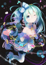  1girl ahoge anklet aqua_hair arm_up asahi_kuroi bad_id bad_pixiv_id black_background blue_eyes blush bow breast_tattoo breasts candy candy_candy_(song) chocolate circle cleavage collar copyright_name corset detached_sleeves digital_dissolve dress food frills gloves gummy_bear hair_bow hair_ribbon hatsune_miku headphones heart highres jewelry jumping layered_dress lollipop long_hair low-tied_long_hair marshmallow mary_janes medium_breasts one_eye_closed outstretched_arm puffy_detached_sleeves puffy_sleeves ribbon shoes signature smile solo star_(symbol) swirl_lollipop tattoo thighhighs twintails very_long_hair vocaloid 