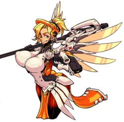  1girl absurdres black_gloves blonde_hair blue_eyes bodysuit breasts commentary_request covered_erect_nipples cropped_legs dual_wielding finger_on_trigger gloves grin gun halo handgun highres holding holding_gun holding_weapon huge_breasts impossible_bodysuit impossible_clothes mechanical_halo mechanical_wings mercy_(overwatch) narrow_waist nose overwatch overwatch_1 pantyhose pelvic_curtain pistol power_suit short_ponytail skin_tight smile solo staff tagane weapon white_background wings 