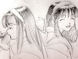 1girl ainu_clothes apple black_hair breasts clenched_hand closed_eyes covering_own_mouth eating fingerless_gloves food from_side fruit gloves hair_ribbon hand_over_own_mouth happy highres long_hair monochrome multiple_views nakoruru open_mouth ribbon samurai_spirits sketch smile snk solo teeth the_king_of_fighters traditional_media