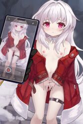  1girl absurdres breasts clara_(honkai:_star_rail) coat highres honkai:_star_rail honkai_(series) jacket legs long_hair nipples phone red_eyes small_breasts taking_picture white_hair  rating:Explicit score:63 user:AceKite00
