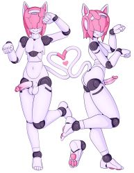  1boy absurdres animal_ears bro_aniki cat_ears cat_tail colored_skin hair_over_eyes heart highres joints male_focus paw_pose pawpads penis robot robot_joints shamrock_(polynian) smile tail testicles thighs trap white_skin  rating:Explicit score:47 user:euueneh