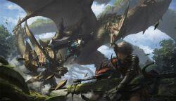  armor bowgun charge_blade claws cloud cloudy_sky from_behind gauntlets greatsword highres holding holding_weapon monster_hunter_(character) monster_hunter_(series) pengzhen_zhang rathalos_(armor) seregios seregios_(armor) sky spikes sword tagme tail tree weapon zinogre_(armor) 