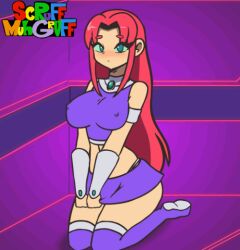 breasts cartoon_network clothes_lift dc_comics large_breasts looking_at_viewer midriff one_eye_closed panties scruffmuhgruff skirt skirt_lift starfire teen_titans tongue tongue_out underwear warner_bros wink wink_star