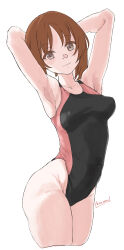  1girl armpits arms_behind_head arms_up artist_name black_one-piece_swimsuit brown_eyes brown_hair closed_mouth competition_swimsuit cowboy_shot cropped_legs girls_und_panzer highres looking_at_viewer nishizumi_miho one-piece_swimsuit short_hair signature simple_background smile solo standing swimsuit tarou.new white_background 
