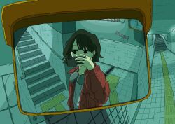1girl alleyropolis black_hair bob_cut cellphone graffiti grey_shirt headphones headphones_around_neck highres holding holding_phone jacket jewelry mirror open_clothes open_jacket original phone red_jacket reflection ring selfie shirt short_hair smartphone solo stairs tactile_paving tile_floor tiles