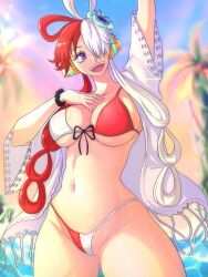 1girl absurdres bikini curvy day hair_over_one_eye highres long_hair multicolored_hair navel one_piece opalis open_mouth shiny_skin smile swimsuit thong thong_bikini two-tone_hair uta_(one_piece) very_long_hair wide_hips rating:Questionable score:29 user:Xavine