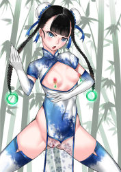 1girl black_hair blue_hair blunt_bangs blush braid breasts china_dress chinese_clothes cleft_of_venus double_bun dress elbow_gloves fang functionally_nude gloves hair_bun high_collar highres long_hair martial_arts nipple_piercing nipple_rings nipples no_bra no_panties open_mouth original pelvic_curtain piercing pussy revealing_clothes small_breasts solo spread_legs thighhighs twin_braids twintails uncensored vvv_(vvv98048917) rating:Explicit score:110 user:danbooru