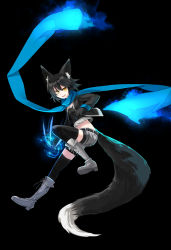  1girl animal_ears belt bike_shorts black_background black_hair black_thighhighs blue_scarf boots borrowed_character breasts cleavage cross-laced_footwear fox_ears fox_tail full_body gloves glowing grin jacket kaida_michi lace-up_boots looking_at_viewer midriff nanashi_(ganesagi) nanashi_(shirogane_usagi) navel open_clothes open_jacket original scarf short_hair shorts simple_background small_breasts smile solo tail thighhighs yellow_eyes  rating:Sensitive score:19 user:danbooru