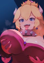 1girl 2equal8 :p blush bowsette grabbing_another&#039;s_breast breasts cleavage crown forked_tongue grabbing heavy_breathing highres horns large_breasts mario_(series) naughty_face new_super_mario_bros._u_deluxe nintendo saliva sharp_teeth smile solo super_crown sweat teeth tongue tongue_out upper_body rating:Sensitive score:68 user:danbooru