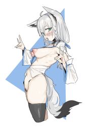  1girl ahoge animal_ears blush breasts commentary double_fox_shadow_puppet female_pubic_hair fox_ears fox_girl fox_shadow_puppet fox_tail green_eyes hair_between_eyes highres hololive large_breasts leebo_(leeboxxx) long_hair navel nipples pubic_hair shirakami_fubuki shirakami_fubuki_(1st_costume) simple_background symbol-only_commentary tail thighhighs virtual_youtuber white_background white_hair 