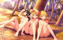  3girls annindoufu_(oicon) beach black_hair blonde_hair blush breasts building censored city closed_eyes collarbone earrings flower fujimoto_rina grass hat hat_flower highres idolmaster idolmaster_cinderella_girls jewelry long_hair looking_at_viewer low_twintails medium_breasts miyamoto_frederica mosaic_censoring multiple_girls nakano_yuka navel nipples nude nude_filter outdoors palm_tree peeing public_indecency pussy sand short_hair sitting skyscraper smile spread_legs spread_pussy sun_hat third-party_edit tree twintails water white_hat 