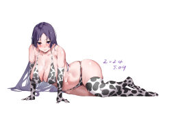  1girl absurdres alternate_costume animal_print bikini breasts collect2233 cow_print cow_print_bikini cow_print_gloves cow_print_thighhighs elbow_gloves fate/grand_order fate_(series) gloves highres huge_breasts large_breasts long_hair looking_at_viewer lying minamoto_no_raikou_(fate) navel on_side parted_bangs print_bikini print_gloves print_thighhighs purple_eyes purple_hair smile solo swimsuit thighhighs very_long_hair 