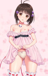  1girl antenna_hair breasts brown_eyes brown_hair cameltoe choker clothes_lift cowboy_shot dress dress_lift female_focus gluteal_fold hair_bobbles hair_ornament lifted_by_self looking_at_viewer n.g. nipples panties pink_dress reala_(tales) short_hair solo tales_of_(series) tales_of_destiny_2 underwear 