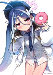 1girl blue_archive blue_hair blue_hat blue_necktie blush bow closed_mouth doughnut food fubuki_(blue_archive) hair_between_eyes hair_bow halo hat highres holding holding_food jacket leonat long_hair long_sleeves low_twintails multicolored_hair necktie open_clothes open_jacket panties red_eyes shirt simple_background solo striped_clothes striped_panties twintails twitter_username two-tone_hair underwear white_background white_bow white_hair white_jacket white_panties white_shirt rating:Questionable score:24 user:danbooru