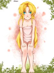1girl artist_name barefoot blonde_hair blue_eyes camisole closed_mouth collarbone feet female_focus flat_chest full_body highres juanku711 legs_together long_hair looking_at_viewer nipples no_pants original panties pink_panties pink_shirt shirt sidelocks smile solo straight-on strap_slip thighs toes underwear very_long_hair