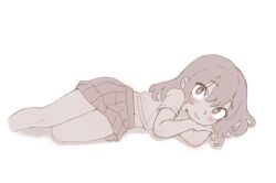  blush closed_mouth crossed_arms feet_out_of_frame looking_at_viewer lying monochrome navel on_side original pleated_skirt qtkat short_hair simple_background skirt smile thighs white_background 