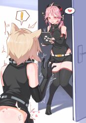  ! 2girls absurdres ahoge animal_ears belt bismarck_(warship_girls_r) black_gloves black_shorts black_thighhighs blonde_hair breasts bridal_gauntlets cross doggystyle elbow_gloves fei_(1042471593) gloves headphones heart highres holding holding_notebook holding_pen iron_cross large_breasts long_hair micro_shorts multiple_girls notebook out-of-frame_censoring pen pink_hair red_eyes sex sex_from_behind short_hair shorts speech_bubble spoken_exclamation_mark spoken_heart standing thighhighs tirpitz_(warship_girls_r) warship_girls_r white_belt 