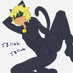  1boy adrien_agreste animal_ears bad_id bad_pixiv_id bell blonde_hair bulge cat_boy cat_ears cat_tail chat_noir colored_sclera erection erection_under_clothes gloves green_sclera highres joshitsu_(zion16wh) male_focus mask miraculous_ladybug navel shota skin_tight solo spandex tail translation_request  rating:Questionable score:29 user:Touchtail