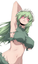  1girl absurdres arm_up armpits arrancar bleach breasts commentary_request covered_erect_nipples curvy dutch_angle eyelashes floating_hair from_below green_hair green_shirt hair_between_eyes highres large_breasts lips long_hair looking_up mask midriff navel nelliel_tu_odelschwanck nishizuki_shino nose open_mouth parted_lips scar scar_on_face shirt simple_background skull_mask solo stomach torn_clothes tsurime underboob upper_body white_background yellow_eyes 