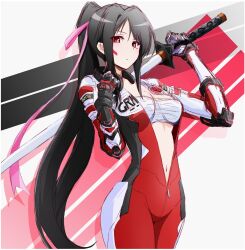  1girl biker_clothes bikesuit black_hair bodysuit breasts character_request cleavage gloves hair_ribbon highres large_breasts legs long_hair looking_at_viewer navel pattsun_bob ponytail red_eyes ribbon sarashi sword thighs unzipped very_long_hair weapon 
