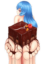 1girl almond back barefoot blue_hair blush cake cake_on_foot cake_slice chocolate chocolate_cake chocolate_on_foot feet feet_together food food_focus food_on_body food_on_foot food_on_toes foot_focus from_behind fruit highres hinanawi_tenshi long_hair looking_at_viewer lying naughty_face nekoda_(maoda) nude on_stomach raspberry red_eyes simple_background smile smirk soles solo toes touhou very_long_hair white_background rating:Questionable score:161 user:ssfl