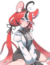  1girl absurdres ahoge animal_ears black_bow blue_eyes blush bow hakos_baelz hakos_baelz_(4th_costume) heart heart-shaped_pupils heavy_breathing highres hololive hololive_english kearperry long_hair looking_at_viewer low_twintails mouse_ears mouse_girl mouse_tail multicolored_hair official_alternate_costume red_hair shirt sitting streaked_hair symbol-shaped_pupils tail twintails virtual_youtuber wariza white_background white_shirt 