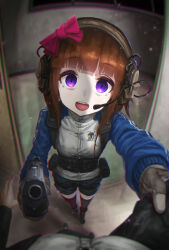  2girls aiming aiming_at_viewer at_gunpoint belt black_jacket blunt_bangs bow brown_hair chromatic_aberration commentary empty_eyes english_text female_pov fisheye from_above gun hair_bow handgun headphones headset highres holding holding_gun holding_weapon indoors iwi_jericho_941 jacket long_hair long_sleeves looking_at_viewer multiple_girls nail_polish open_mouth original outstretched_arm pale_skin perspective pov purple_eyes red_nails shirt_grab short_shorts shorts solo_focus standing striped_sleeves thigh_strap thighhighs tom-neko_(zamudo_akiyuki) track_jacket utility_belt weapon 