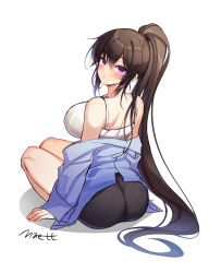  1girl absurdres ass back bare_shoulders black_hair black_shorts blue_jacket breasts camisole counter:side from_behind highres jacket large_breasts long_hair looking_at_viewer looking_back maett off_shoulder ponytail purple_eyes shirt shorts simple_background sitting sleeveless sleeveless_shirt solo spaghetti_strap sweatdrop thighs very_long_hair white_background white_shirt yoo_mina  rating:Sensitive score:32 user:danbooru