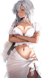  1girl absurdres alternate_costume alternate_hairstyle bikini breast_press breasts cleavage collarbone commentary_request crossed_arms dark-skinned_female dark_skin grey_hair hair_over_one_eye halterneck hat highres holding holding_clothes holding_hat kantai_collection large_breasts long_hair looking_at_viewer musashi_(kancolle) o-ring o-ring_bikini red_eyes sarong solo sun_hat swimsuit unworn_headwear white_background white_bikini white_nails white_sarong yunamaro 