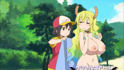  10s 2girls artist_request breasts choker closed_eyes exhibitionism green_hair horns huge_breasts kobayashi-san_chi_no_maidragon large_areolae long_hair lucoa_(maidragon) monster_girl multiple_girls nipples nude nude_filter public_indecency third-party_edit  rating:Explicit score:125 user:firexX