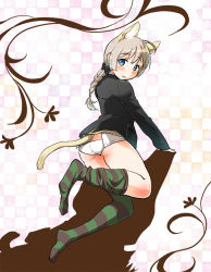  1girl all_fours animal_ears black_bow blue_eyes blush bow braid cat_ears cat_girl cat_tail checkered_background female_focus from_behind full_body hair_bow hekyu jacket light_brown_hair long_hair looking_at_viewer looking_back lynette_bishop no_pants no_shoes panties ponytail ribbon single_braid solo strike_witches striped_clothes striped_thighhighs sweater_vest tail thighhighs thighhighs_pull thighs underwear white_panties world_witches_series  rating:Questionable score:8 user:Wanet