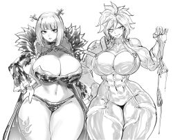  2girls abs bob_cut brandish_mew breasts cleavage closed_mouth curvy dimaria_yesta fairy_tail hands_on_hip hands_on_own_hips highres huge_breasts leg_tattoo looking_at_viewer multiple_girls muscular muscular_female standing tagme tattoo tattoo_on_thigh the_golden_smurf thick_thighs thighs wide_hips 