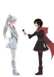  2girls :t bad_id bad_pixiv_id black_hair blue_eyes blush boots brown_eyes cape dress embarrassed flower hair_ornament long_hair multiple_girls pantyhose pout red_flower red_rose rose ruby_rose rwby short_hair side_ponytail simple_background veerinly weiss_schnee white_flower white_hair white_rose yuri  rating:Sensitive score:29 user:danbooru