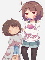  2girls ahoge bandages blush brown_hair candy chara_(undertale) closed_eyes food frisk_(undertale) jacket lollipop multiple_girls open_mouth pantyhose red_eyes renoa_yu simple_background sleeves_past_fingers sleeves_past_wrists sweater undertale  rating:Sensitive score:34 user:jm0001