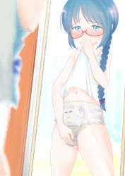 1girl absurdres blue_eyes blush braid camisole camisole_lift clothes_lift covering_own_mouth cum cumdrip diaper female_masturbation fingering glasses highres lifting_own_clothes loli long_hair masturbation masturbation_through_clothes navel no_pants original ponytail single_braid solo white_camisole rating:Explicit score:55 user:danbooru