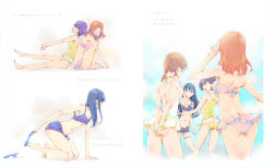  4girls armpits ass back barefoot bikini blue_hair breasts brown_hair butt_crack cleavage closed_eyes comiket_88 feet feet_together from_behind from_side glasses groin hosoi_mieko japanese_text large_breasts legs loli long_hair medium_hair multiple_girls navel no_shoes no_socks open_mouth orange_hair pink_bikini purple_hair removing_sandals sandals short_hair sitting small_breasts smile standing sunnyrain_memories swimsuit teeth thigh_gap thigh_strap thighs toes unworn_sandals upper_teeth_only white_background yellow_bikini 