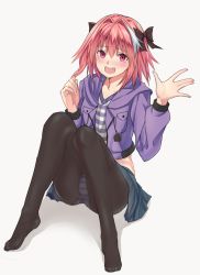 1boy astolfo_(fate) astolfo_(memories_at_trifas)_(fate) bad_id bad_pixiv_id black_bow black_pantyhose blue_jacket blue_skirt blush bow crop_top fang fate/apocrypha fate/grand_order fate_(series) full_body hair_bow highres jacket long_sleeves looking_at_viewer male_focus miniskirt mizoredama multicolored_hair nose_blush official_alternate_costume panties panties_under_pantyhose pantyhose pantyshot pink_hair purple_eyes shirt sitting skirt solo streaked_hair striped_clothes striped_panties striped_shirt trap underwear rating:Sensitive score:24 user:danbooru