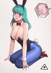  1boy 1girl angry animal_ears aqua_hair arms_at_sides bare_arms bare_shoulders black_leotard blue_eyes blue_pantyhose blunt_bangs blush bow bowtie breasts bulma commentary detached_collar donburi_(donburikazoku) dragon_ball dragon_ball_(classic) drooling fake_animal_ears full_body grey_background high_heels highres implied_masturbation large_breasts leotard long_hair looking_at_another looking_at_viewer naughty_face neck offscreen_male offscreen_person oolong open_mouth pantyhose pig playboy_bunny rabbit_ears rabbit_tail red_bow red_footwear seiza simple_background sitting smile spoken_character strapless strapless_leotard tail tank_top v-shaped_eyebrows white_tank_top wrist_cuffs  rating:Sensitive score:119 user:danbooru