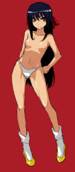 1990s_(style) 1girl agent_aika aika_(series) arm_behind_back black_hair breasts brown_eyes curvy delmo female_focus full_body golden_delmo hand_on_own_hip legs long_hair nipples panties red_background retro_artstyle rie_petoriyacowa skj socks solo standing thighs topless uncensored underwear underwear_only white_panties white_socks  rating:Questionable score:33 user:graehr