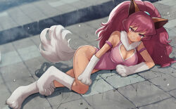  1girl animal_ears arm_strap breasts bruise cat_ears cat_tail cleavage cleavage_cutout clenched_hand clothing_cutout commission fang full_body heart_cutout injury large_breasts leotard long_hair looking_at_viewer medium_breasts perisie_(star_ocean) pink_eyes pink_hair pink_leotard skeb_commission solo star_ocean star_ocean_first_departure tail tori_ririisu 