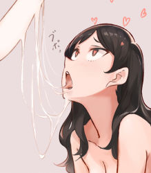  1girl brown_eyes brown_hair cum cum_string heart heart-shaped_pupils idolmaster idolmaster_million_live! kitazawa_shiho long_hair looking_up open_mouth penis_awe saliva symbol-shaped_pupils text_focus tongue tongue_out toro3 translation_request  rating:Explicit score:117 user:qirog