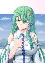  1girl bare_shoulders blush breasts commentary_request detached_sleeves fingernails frog_hair_ornament green_eyes green_hair hair_ornament hair_tubes hand_on_own_chest highres kochiya_sanae large_breasts letterboxed light_smile long_hair nail_polish snake_hair_ornament solo straight_hair touhou upper_body very_long_hair vision_(artist) 
