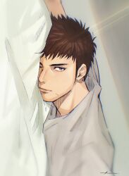  1boy azzurro_000 brown_eyes brown_hair day highres indoors light_rays looking_at_viewer lying male_focus mitsui_hisashi on_bed on_stomach scar scar_on_chin scar_on_face short_hair slam_dunk_(series) smile solo upper_body 