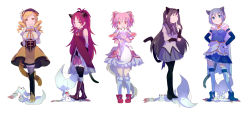 10s 5girls akemi_homura animal_ears bad_id bad_pixiv_id beret black_hair blonde_hair blue_eyes blue_hair boots bubble_skirt cat_ears cat_tail closed_eyes detached_sleeves drill_hair fang food hands_in_pockets hands_on_own_hips hat highres hug kaname_madoka kemonomimi_mode knee_boots kneehighs kyouno_(414119san) kyubey magical_girl mahou_shoujo_madoka_magica mahou_shoujo_madoka_magica_(anime) miki_sayaka mouth_hold multiple_girls pantyhose pink_hair pocky ponytail puffy_sleeves red_eyes red_hair sakura_kyoko shoes simple_background skirt smile socks stepped_on tail tail_wagging thighhighs tomoe_mami yellow_eyes zettai_ryouiki rating:Sensitive score:5 user:danbooru