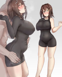 1boy 1girl belly_grab black_bodysuit blush bodysuit breasts brown_hair cameltoe clothed_female_nude_male clothed_sex collarbone commentary_request faceless faceless_male from_side furutaka_(kancolle) glowing glowing_eye gradient_background grey_background hair_ornament hairclip heterochromia highres kantai_collection konoshige_(ryuun) large_breasts manly multiple_views nose_blush nude short_hair simple_background single_sleeve smile stomach_bulge yellow_eyes rating:Questionable score:132 user:danbooru