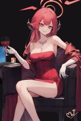  1girl aru_(blue_archive) aru_(dress)_(blue_archive) bare_legs blue_archive blue_screen_of_death blush breasts cleavage coat collarbone computer covered_navel cup demon_horns dress drinking_glass feet_out_of_frame gloves halo highres holding holding_cup horns jewelry laptop long_hair medium_breasts mellow_(srpp4843) necklace official_alternate_costume pink_hair red_coat red_dress signature sitting smile solo strapless strapless_dress white_gloves wine_glass 